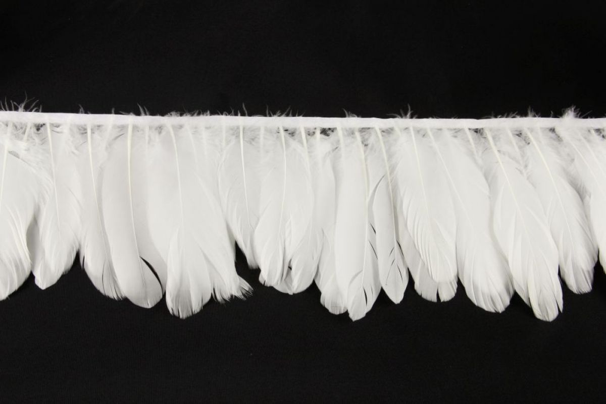 Variable length goose nagoire feather fringe for textiles and design.