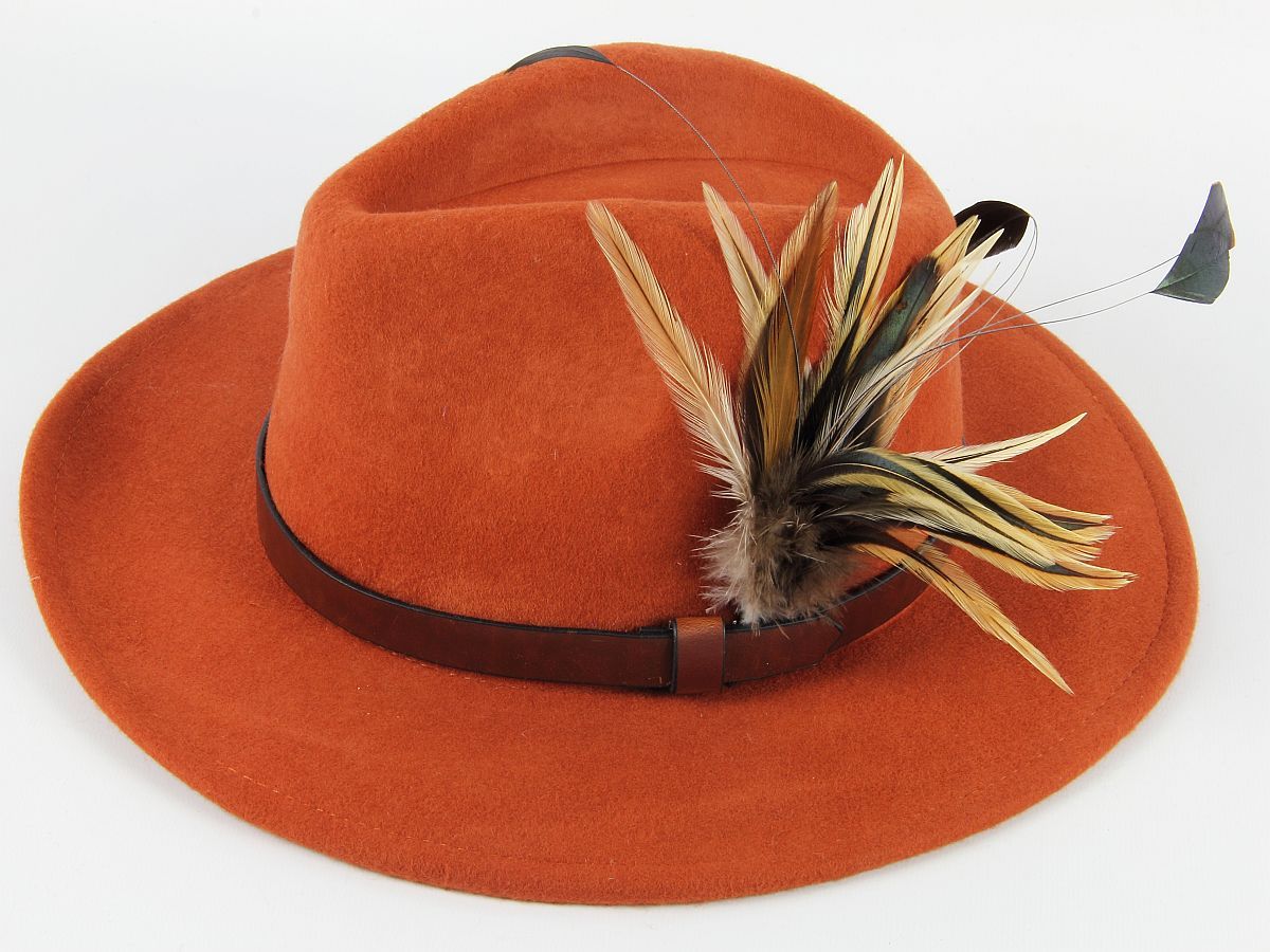 Fedora 100% wool country hat with feather hat mount choice.